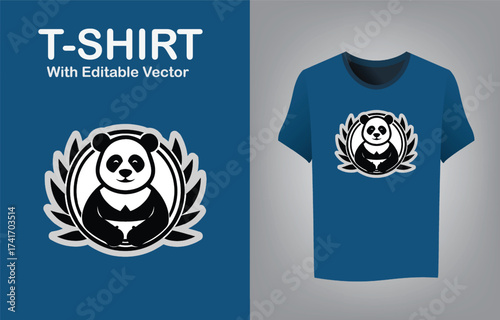 Cute panda mascot logo for wellness brand on blue t-shirt mockup