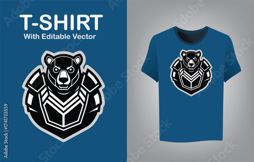 Robotic bear mascot logo with tech armor plating for apparel and branding
