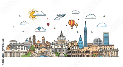 Colorful Skyline Illustration of Famous Landmarks in Rome, Italy, Featuring Art and Travel