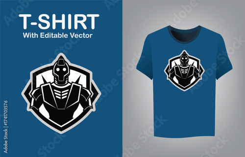 Futuristic robot mascot logo with glowing core for apparel and gaming designs