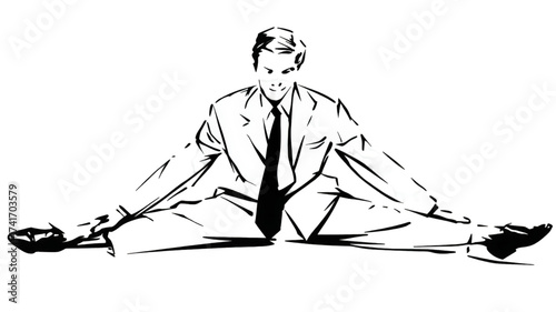 Flexible businessman in a formal suit doing the splits.