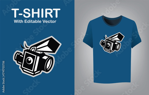 Mascot streaming camera with glowing red light logo for t-shirt design and branding