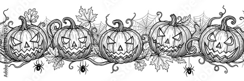 Pumpkins with carved eyes and spiders Halloween border frame for decorating cards, restaurant menus, and interiors, engraving sketch vector art
