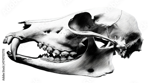 Monochrome profile view of a carnivorous animal skull isolated on white.
