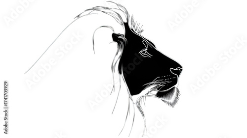 Stylized black and white profile of a majestic lion head.