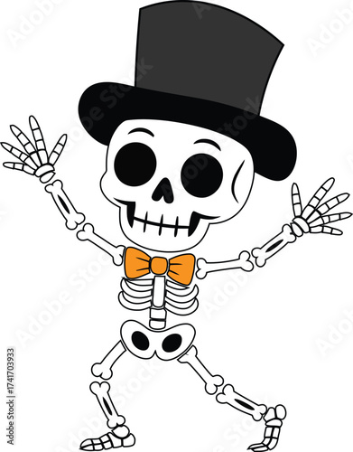 Dancing skeleton with top hat and bowtie celebrating halloween clipart