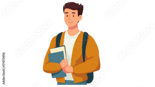 A youthful student character in casual attire holding textbooks.