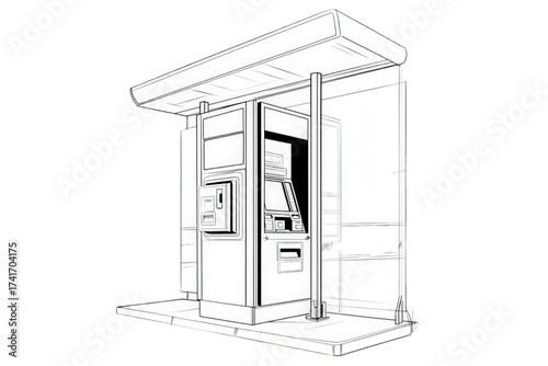 Technical line drawing of a standalone outdoor ATM machine kiosk.