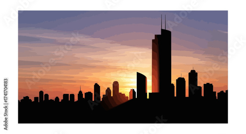 City Skyline Silhouetted Against Vibrant Sunset with Deep Blue to Orange Gradient and Sun Behind Tall Building