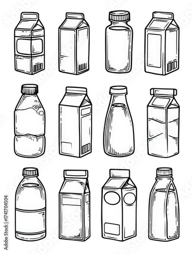 Hand drawn sketch collection of milk cartons and bottles.
