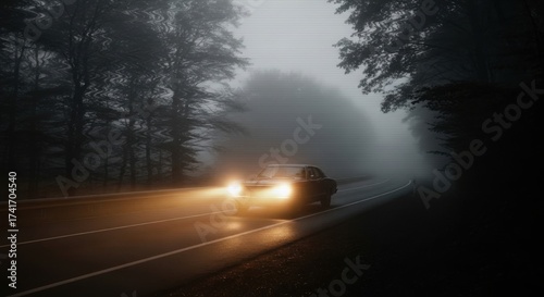 Dark Foggy Forest Road Car Driving at Night with Headlights on