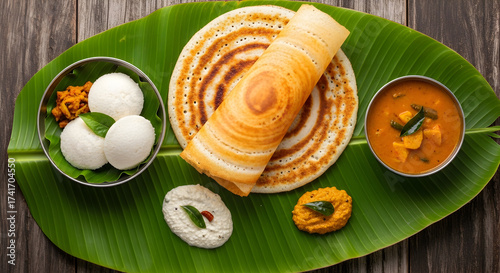 Traditional South Indian Breakfast: Idli, Dosa, Sambar, and Chutneys on Banana Leaf
