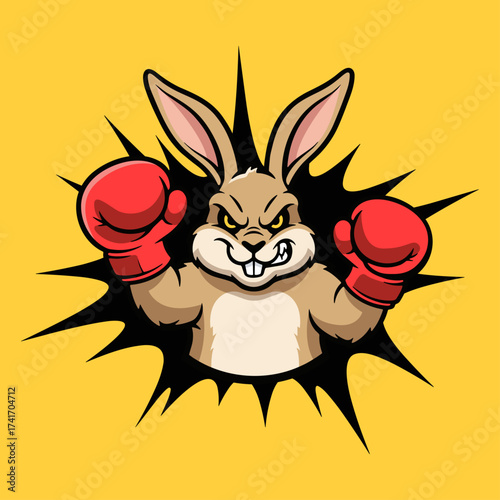 furious rabbit wearing red boxing gloves, boxer animal cartoon vector poster art