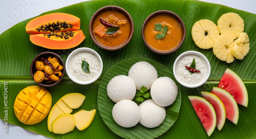 Vibrant South Indian Breakfast Spread with Idli, Sambar, Chutney, and Fresh Fruits