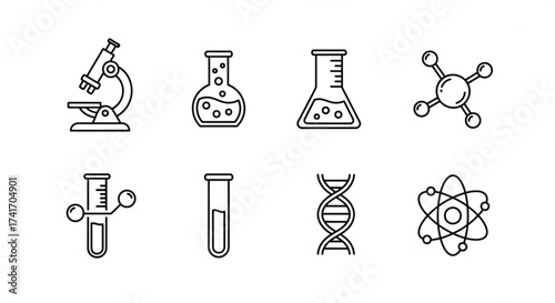 Line art illustration featuring science equipment such as microscope dna and beakers in a row design created with generated ai