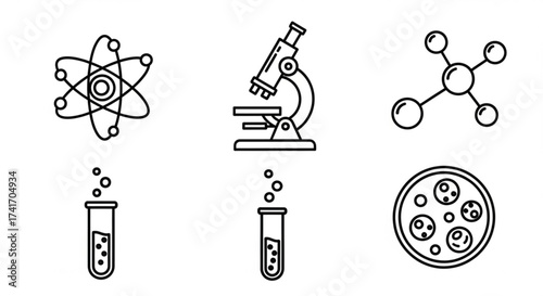 Illustration depicting scientific laboratory equipment and molecular structures in black outline style design created with generated ai
