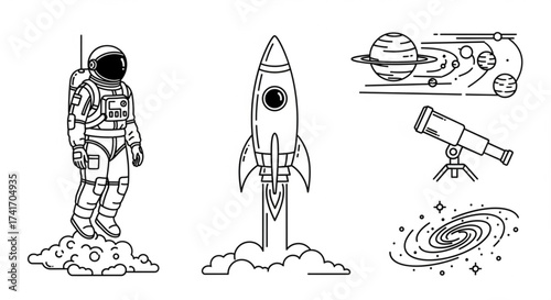 Illustration of an astronaut, rocket, planets, telescope, and galaxy in a line art style design created with generated ai