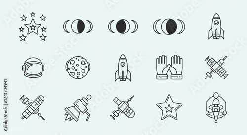 Collection of space themed line art icons including rockets, stars, planets and astronaut helmet created with generated ai