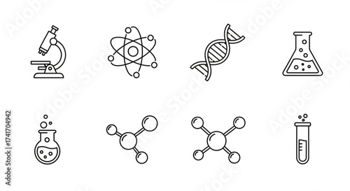 Illustration of science icons including a microscope atom dna and various beakers and molecules created with generated ai