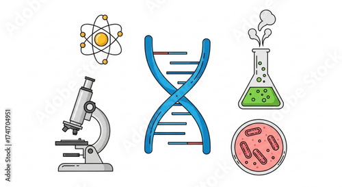 Illustration showing science equipment including atom, microscope, dna, flask, and petri dish created with generated ai