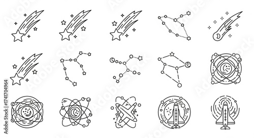 Illustration of various celestial objects including comets constellations and spacecraft in outline style created with generated ai