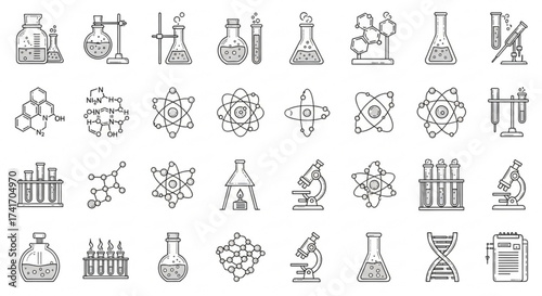 Illustration of chemistry and science lab equipment and molecular structures in black and white outline style created with generated ai