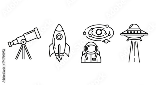 Illustration showing a telescope rocket astronaut solar system and ufo in a line art style design created with generated ai