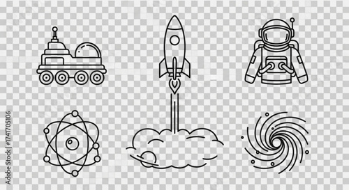 Illustration of space exploration icons including a rover, rocket, astronaut, atom, and galaxy created with generated ai