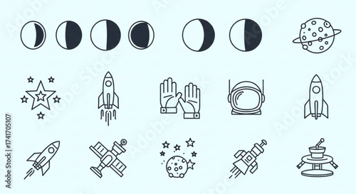 Collection of space exploration icons featuring rockets, planets, moons, and astronaut gear elements in line art created with generated ai