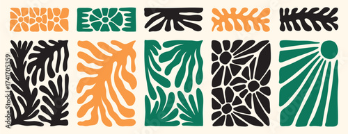Matisse organic doodle plant shapes. Abstract flower and leaves shapes set. Trendy minimal style. Contemporary poster or background. Botanic vector illustration