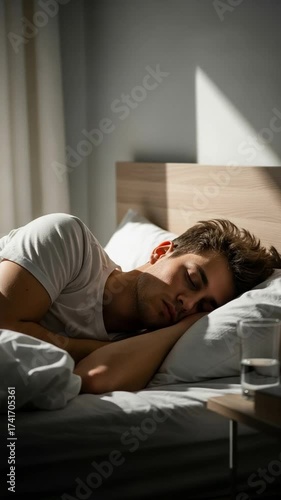 Peaceful young Caucasian man sleeping soundly in a comfortable bed during a bright morning, enjoying a restful slumber in his bedroom.