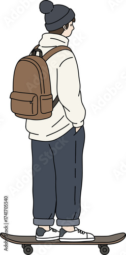 Teenager on Skateboard with Backpack
