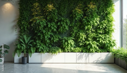 Bright indoor space features vertical garden wall. Green plants grow in modern design. Rich foliage creates a natural eco friendly office environment. Contemporary building uses plants for decoration.