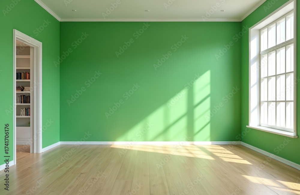 Fototapeta premium Bright empty room with green walls. Wooden floor and white window create interior design. Light fills the space. Perfect for home renovation decor or interior design.