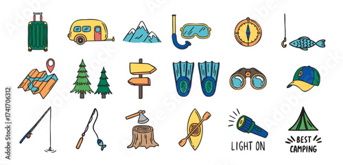 Camping and hiking set fishing rod axe flashlight mountains trees map flippers binoculars suitcase cap, hand drawn doodle