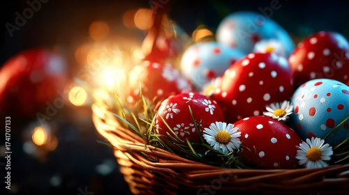 A Vibrant Basket Overflowing with Colorful Easter Eggs, Featuring Red and Blue Polka Dots, Surrounded by Delicate Flowers and a Warm Glow
