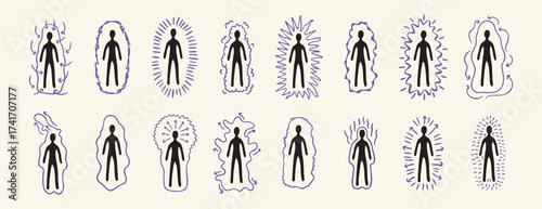 Set of human silhouettes with colorful auras in various line styles, esoteric mystical design, hand drawn