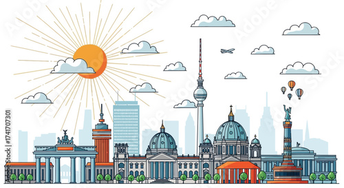 Berlin Skyline Illustration A vibrant depiction of iconic landmarks under a sunny sky