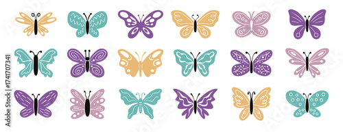 Cute boho doodle hand drawn butterfly pastel colors set