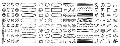 doodle underline emphasis scribble elements line hand drawn set. doodle brush shapes stroke highlight sparkle and arrow elements. childish drawing kids style.