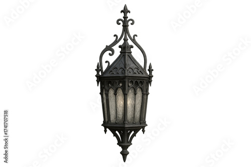 Ornate antique wrought iron gothic lantern illuminating
