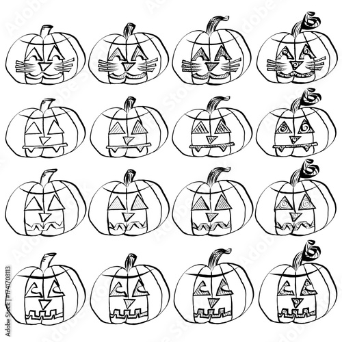 Variety of Jack O'Lantern Carved Faces in black and white