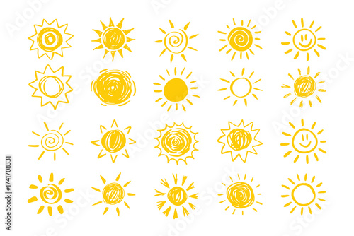 Set of yellow suns in Flat design isolated white background. funny icons sun doodle. Modern simple flat sunlight sign. 