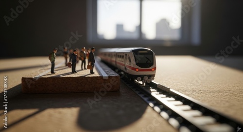 Miniature Train Station Scene with Small Figures and Model Train in Indoor Setting