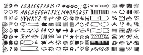 Scribble doodle elements set, paint underline children marker scratch, vector pen squiggle kit collection. Kids hand drawn abstract sketch, alphabet, texture, icons, heart.