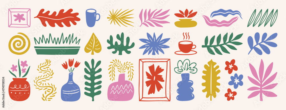 Naklejka premium leaf plant floral abstract matisse style shapes set. Hand drawn silhouette branches, blobs, flowers. Contemporary doodle art