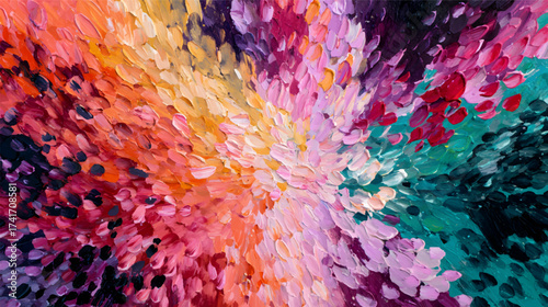 A vibrant abstract painting featuring swirling colors of pink, blue, yellow, and orange, creating a dynamic and energetic composition