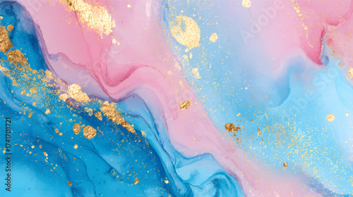 A vibrant abstract painting featuring swirling pink and blue colors with gold accents