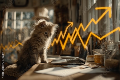 Bright morning, cute cat: anthropomorphic scene unfolds. Performance data drop. Data reveals a clear decline with the arrow moving downwards. Cat at desk. Business decline data.