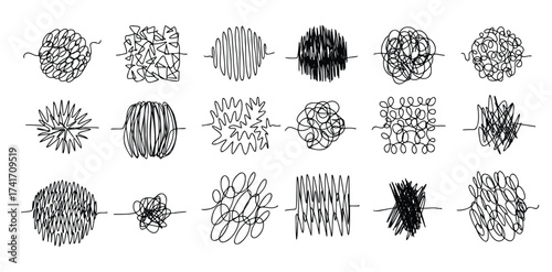 Chaos lines doodle set. Hand drawn tangled clew. Insane scribble lines. confused doodle scribbles.